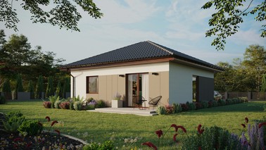 ERDOL 1 - Version Links (Wohnzimmer auf der linken Seite) - Walmdach ohne ausgebautem Dachboden - Dachneigung 25 Grad - keine Dachfenster - Balkontür im Esszimmer - Styropor, Netz, Kleber - Nusbaum