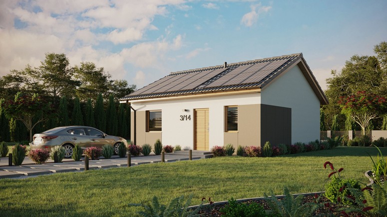 ERDOL 1 - Version Links (Wohnzimmer auf der linken Seite) - Satteldach ohne ausgebautem Dachboden -Dachneigung  25 Grad - Starres Tunneldachfenster - Standard - Styropor, Netz, Kleber - Winchester - Photovoltaik-Installation 6,4 kWp (16 Paneele)