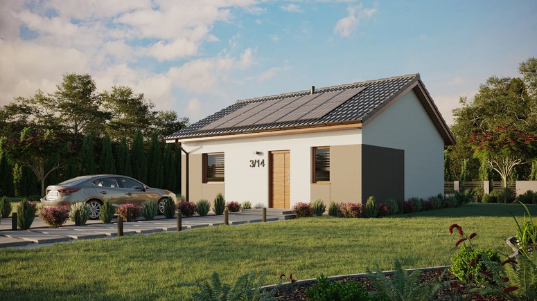 ERDOL 1 - Version Links (Wohnzimmer auf der linken Seite) - Satteldach ohne ausgebautem Dachboden -Dachneigung  25 Grad - keine Dachfenster - Standard - Styropor, Netz, Kleber - Goldene Eiche - Photovoltaik-Installation 4,8 kWp (12 Paneele)