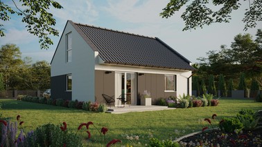 ERDOL 1 - Version Rechts (Wohnzimmer auf der rechten Seite) - Modernes Satteldach mit ausgebautem Dachboden -Dachneigung  35 Grad - keine Dachfenster - Bodentiefes Fenster im Dachgeschoss - Styropor, Netz, Kleber - Weiß - Ohne