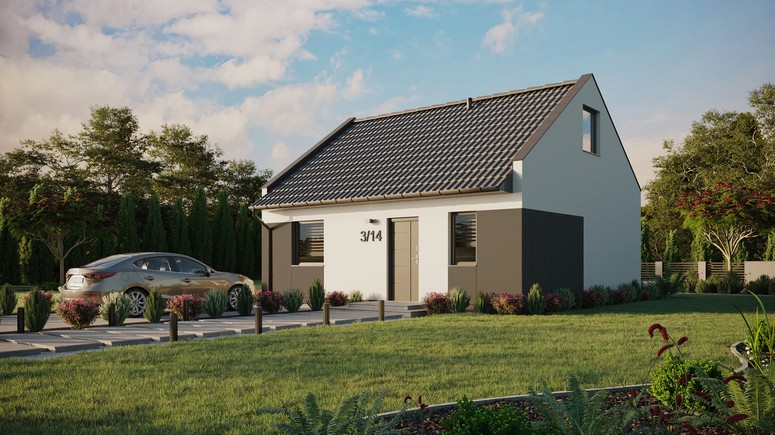 ERDOL 1 - Version Links (Wohnzimmer auf der linken Seite) - Modernes Satteldach mit ausgebautem Dachboden -Dachneigung  35 Grad - keine Dachfenster - Standard - Styropor, Netz, Kleber - Anthrazit - Ohne