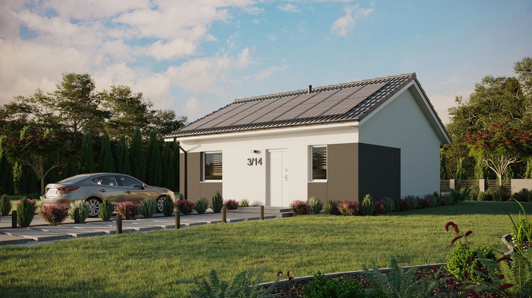 ERDOL 1 - Version Links (Wohnzimmer auf der linken Seite) - Satteldach ohne ausgebautem Dachboden -Dachneigung  25 Grad - keine Dachfenster - Standard - Styropor, Netz, Kleber - Weiß - Photovoltaik-Installation 6,4 kWp (16 Paneele)