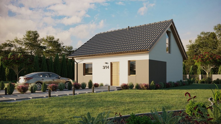 ERDOL 1 - Version Links (Wohnzimmer auf der linken Seite) - Satteldach mit ausgebautem Dachboden -Dachneigung  35 Grad - keine Dachfenster - Balkontür im Esszimmer und Bodentiefes Fenster im Dachgeschoss - Styropor, Netz, Kleber - Winchester - Ohne