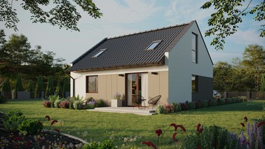 ERDOL 1 - Version Links (Wohnzimmer auf der linken Seite) - Modernes Satteldach mit ausgebautem Dachboden -Dachneigung  35 Grad - Zwei-Zimmer-Dachfenster - Bodentiefes Fenster im Dachgeschoss - Styropor, Netz, Kleber - Nusbaum - Ohne