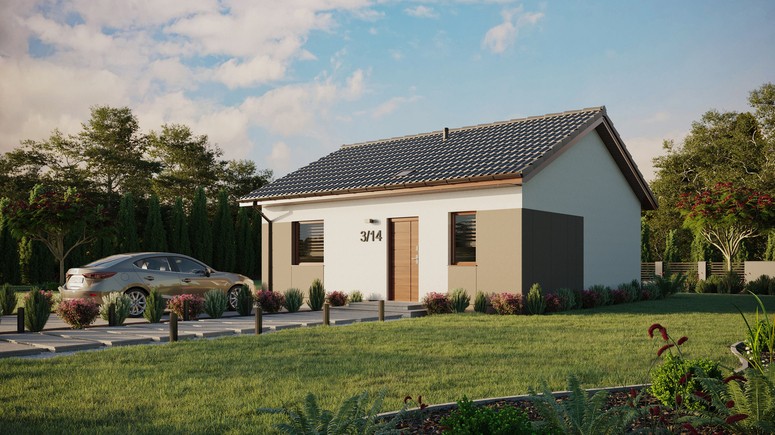 ERDOL 1 - Version Links (Wohnzimmer auf der linken Seite) - Satteldach ohne ausgebautem Dachboden -Dachneigung  25 Grad - Starres Tunneldachfenster - Balkontür im Esszimmer - Styropor, Netz, Kleber - Nusbaum - Ohne