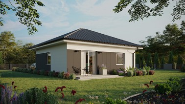 ERDOL 1 - Version Rechts (Wohnzimmer auf der rechten Seite) - Walmdach ohne ausgebautem Dachboden - Dachneigung 25 Grad - keine Dachfenster - Standard - Styropor, Netz, Kleber - Weiß