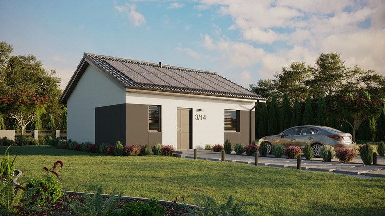 ERDOL 1 - Version Rechts (Wohnzimmer auf der rechten Seite) - Satteldach ohne ausgebautem Dachboden -Dachneigung  25 Grad - keine Dachfenster - Standard - Styropor, Netz, Kleber - Anthrazit - Photovoltaik-Installation 6,4 kWp (16 Paneele)