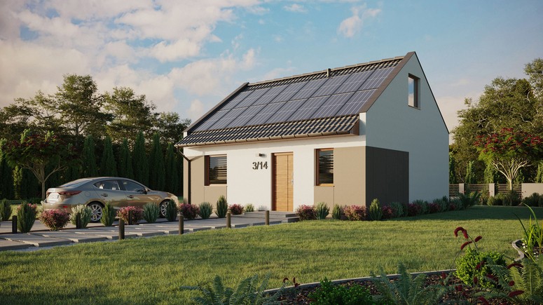 ERDOL 1 - Version Links (Wohnzimmer auf der linken Seite) - Modernes Satteldach mit ausgebautem Dachboden -Dachneigung  35 Grad - keine Dachfenster - Standard - Styropor, Netz, Kleber - Goldene Eiche - Photovoltaik-Installation 6,4 kWp (16 Paneele)