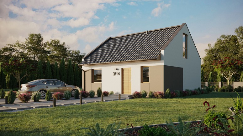 ERDOL 1 - Version Links (Wohnzimmer auf der linken Seite) - Modernes Satteldach mit ausgebautem Dachboden -Dachneigung  35 Grad - keine Dachfenster - Balkontür im Esszimmer und Bodentiefes Fenster im Dachgeschoss - Styropor, Netz, Kleber - Winchester - Ohne