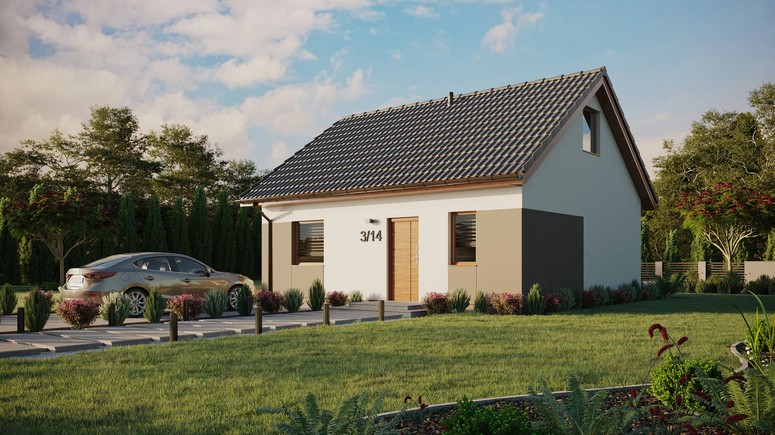 ERDOL 1 - Version Links (Wohnzimmer auf der linken Seite) - Satteldach mit ausgebautem Dachboden -Dachneigung  35 Grad - keine Dachfenster - Standard - Styropor, Netz, Kleber - Goldene Eiche - Ohne