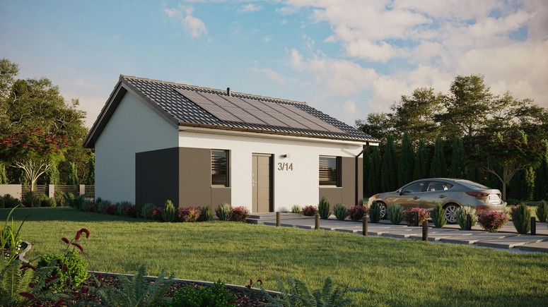 ERDOL 1 - Version Rechts (Wohnzimmer auf der rechten Seite) - Satteldach ohne ausgebautem Dachboden -Dachneigung  25 Grad - keine Dachfenster - Standard - Styropor, Netz, Kleber - Anthrazit - Photovoltaik-Installation 4,8 kWp (12 Paneele)