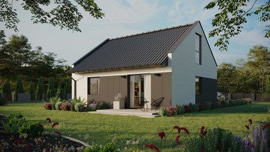 ERDOL 1 - Version Links (Wohnzimmer auf der linken Seite) - Modernes Satteldach mit ausgebautem Dachboden -Dachneigung  35 Grad - keine Dachfenster - Bodentiefes Fenster im Dachgeschoss - Styropor, Netz, Kleber - Anthrazit - Ohne