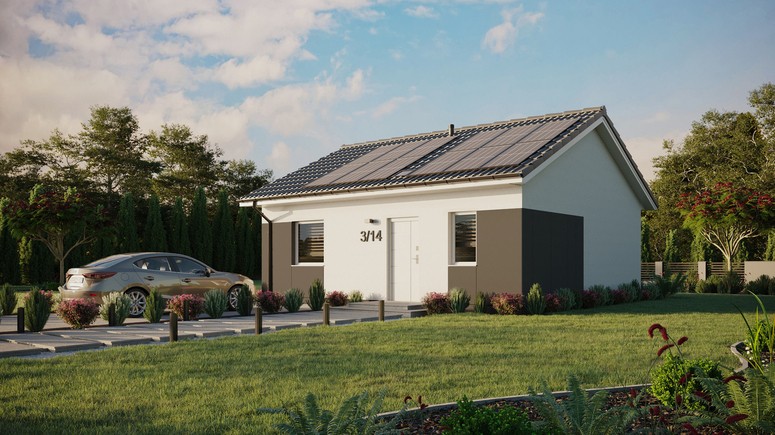 ERDOL 1 - Version Links (Wohnzimmer auf der linken Seite) - Satteldach ohne ausgebautem Dachboden -Dachneigung  25 Grad - Starres Tunneldachfenster - Standard - Styropor, Netz, Kleber - Weiß - Photovoltaik-Installation 4,8 kWp (12 Paneele)