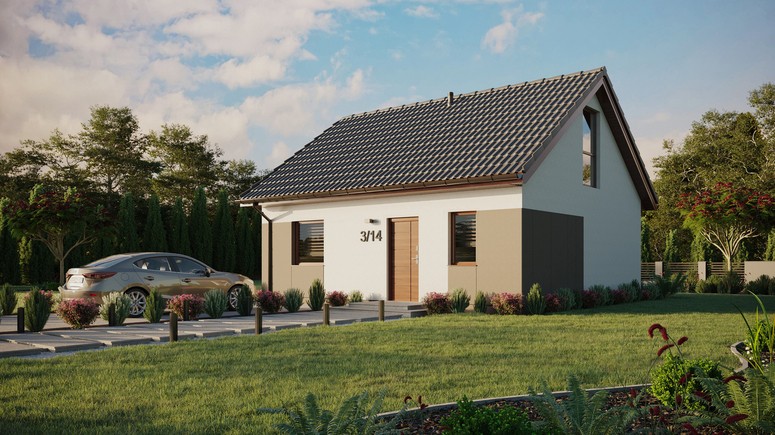 ERDOL 1 - Version Links (Wohnzimmer auf der linken Seite) - Satteldach mit ausgebautem Dachboden -Dachneigung  35 Grad - keine Dachfenster - Balkontür im Esszimmer und Bodentiefes Fenster im Dachgeschoss - Styropor, Netz, Kleber - Nusbaum - Ohne