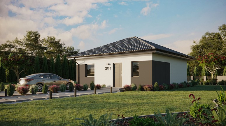 ERDOL 1 - Version Links (Wohnzimmer auf der linken Seite) - Walmdach ohne ausgebautem Dachboden - Dachneigung 25 Grad - keine Dachfenster - Standard - Styropor, Netz, Kleber - Anthrazit