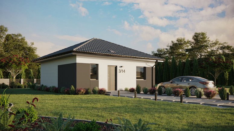 ERDOL 1 - Version Rechts (Wohnzimmer auf der rechten Seite) - Walmdach ohne ausgebautem Dachboden - Dachneigung 25 Grad - Starres Tunneldachfenster - Balkontür im Esszimmer - Styropor, Netz, Kleber - Anthrazit