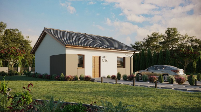 ERDOL 1 - Version Rechts (Wohnzimmer auf der rechten Seite) - Satteldach ohne ausgebautem Dachboden -Dachneigung  25 Grad - keine Dachfenster - Standard - Styropor, Netz, Kleber - Goldene Eiche - Ohne