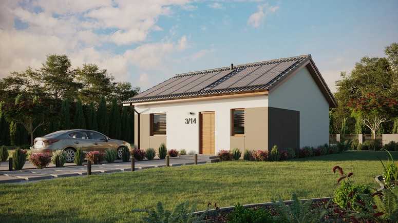 ERDOL 1 - Version Links (Wohnzimmer auf der linken Seite) - Satteldach ohne ausgebautem Dachboden -Dachneigung  25 Grad - Starres Tunneldachfenster - Balkontür im Esszimmer - Styropor, Netz, Kleber - Goldene Eiche - Photovoltaik-Installation 6,4 kWp (16 Paneele)