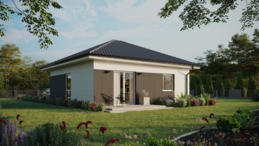 ERDOL 1 - Version Rechts (Wohnzimmer auf der rechten Seite) - Walmdach ohne ausgebautem Dachboden - Dachneigung 25 Grad - keine Dachfenster - Balkontür im Esszimmer - Styropor, Netz, Kleber - Weiß