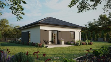 ERDOL 1 - Version Rechts (Wohnzimmer auf der rechten Seite) - Walmdach ohne ausgebautem Dachboden - Dachneigung 25 Grad - keine Dachfenster - Balkontür im Esszimmer - Styropor, Netz, Kleber - Anthrazit