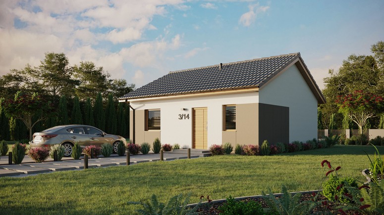 ERDOL 1 - Version Links (Wohnzimmer auf der linken Seite) - Satteldach ohne ausgebautem Dachboden -Dachneigung  25 Grad - keine Dachfenster - Standard - Styropor, Netz, Kleber - Winchester - Ohne