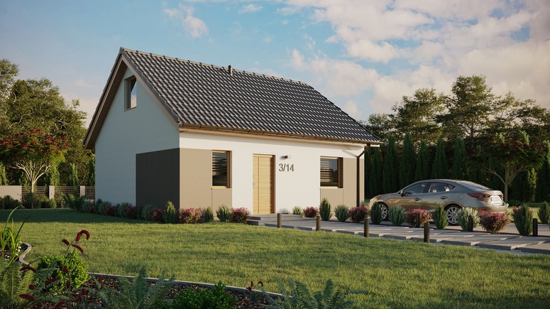 ERDOL 1 - Version Rechts (Wohnzimmer auf der rechten Seite) - Satteldach mit ausgebautem Dachboden -Dachneigung  35 Grad - keine Dachfenster - Standard - Styropor, Netz, Kleber - Winchester - Ohne