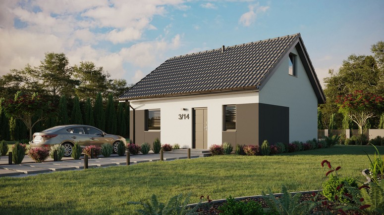 ERDOL 1 - Version Links (Wohnzimmer auf der linken Seite) - Satteldach mit ausgebautem Dachboden -Dachneigung  35 Grad - keine Dachfenster - Standard - Styropor, Netz, Kleber - Anthrazit - Ohne