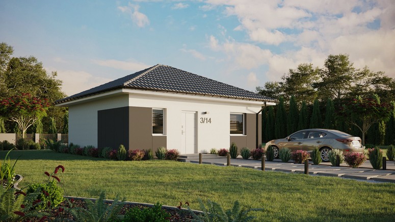 ERDOL 1 - Version Rechts (Wohnzimmer auf der rechten Seite) - Walmdach ohne ausgebautem Dachboden - Dachneigung 25 Grad - keine Dachfenster - Standard - Styropor, Netz, Kleber - Weiß