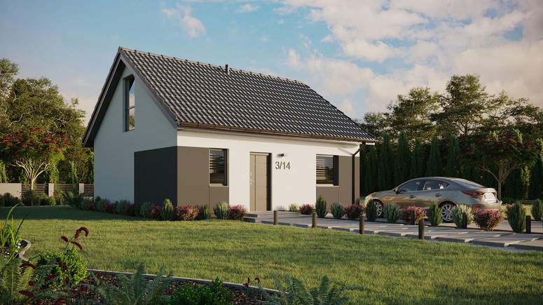 ERDOL 1 - Version Rechts (Wohnzimmer auf der rechten Seite) - Satteldach mit ausgebautem Dachboden -Dachneigung  35 Grad - keine Dachfenster - Balkontür im Esszimmer und Bodentiefes Fenster im Dachgeschoss - Styropor, Netz, Kleber - Anthrazit - Ohne