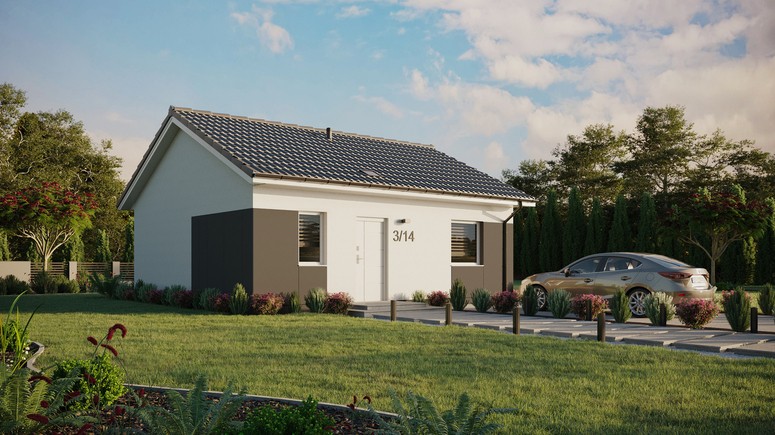 ERDOL 1 - Version Rechts (Wohnzimmer auf der rechten Seite) - Satteldach ohne ausgebautem Dachboden -Dachneigung  25 Grad - Starres Tunneldachfenster - Standard - Styropor, Netz, Kleber - Weiß - Ohne