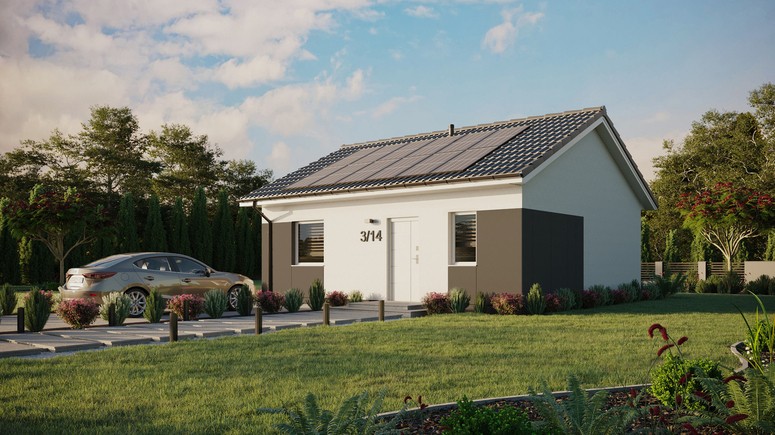 ERDOL 1 - Version Links (Wohnzimmer auf der linken Seite) - Satteldach ohne ausgebautem Dachboden -Dachneigung  25 Grad - keine Dachfenster - Standard - Styropor, Netz, Kleber - Weiß - Photovoltaik-Installation 4,8 kWp (12 Paneele)